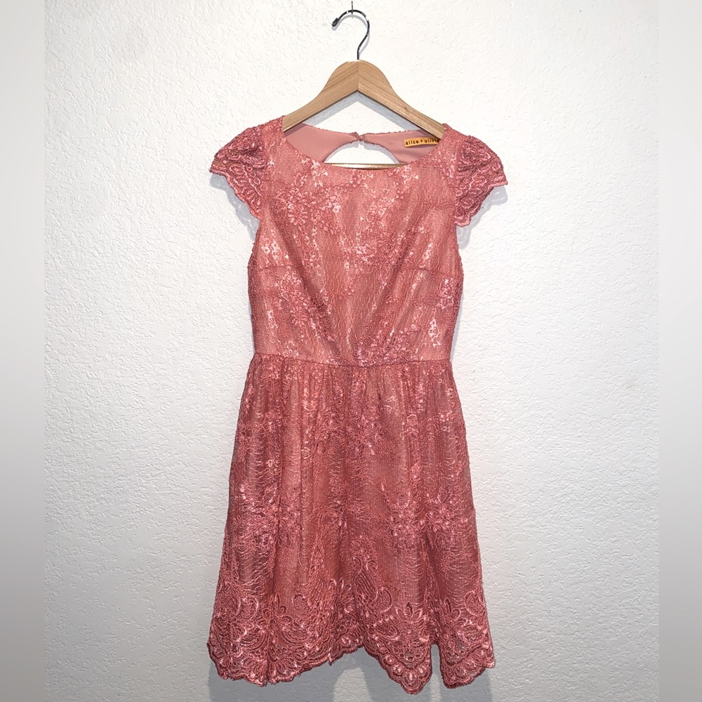 Alice + Olivia Zenden A line Lace Dress Scallop Edge Open Back